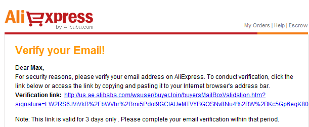 Mail di conferma per Aliexpress