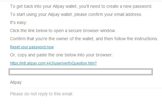 Levél egy linkkel az Alipay jelszó visszaszerzéséhez