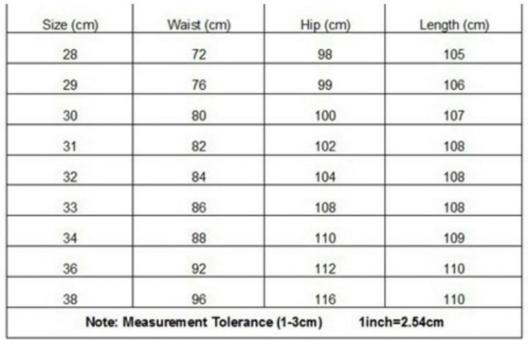 Tabela de tamanhos de jeans masculinos para AliExpress